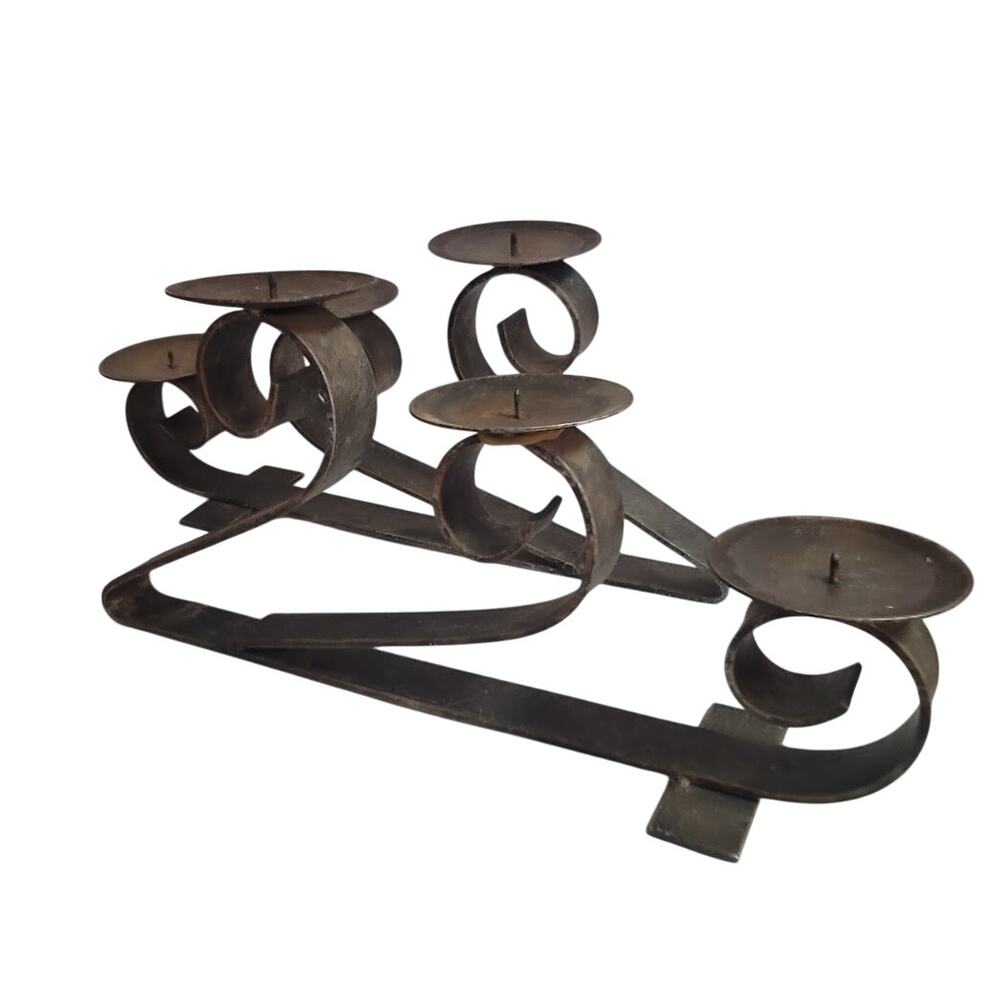 Pair MCM Large Wrought Iron 3 Candle Holder 17" x 9" Heavy Bruitalist Style - Picture 7 of 8